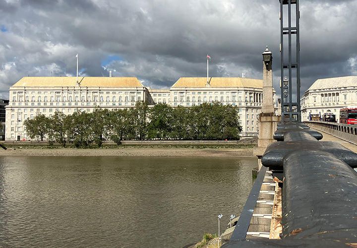 Building viewed across river